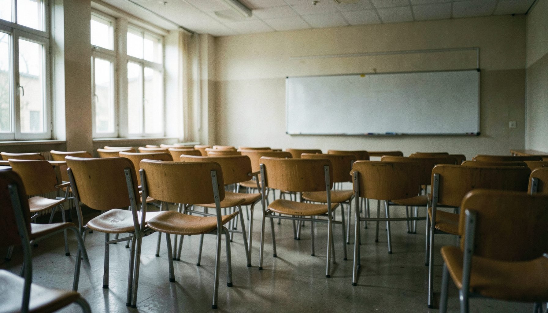 Sala de aula com cadeiras enfileiradas e quadro branco, luz natural entrando por janelas laterais, tons neutros de bege e cinza, ambiente organizado e tranquilo.
