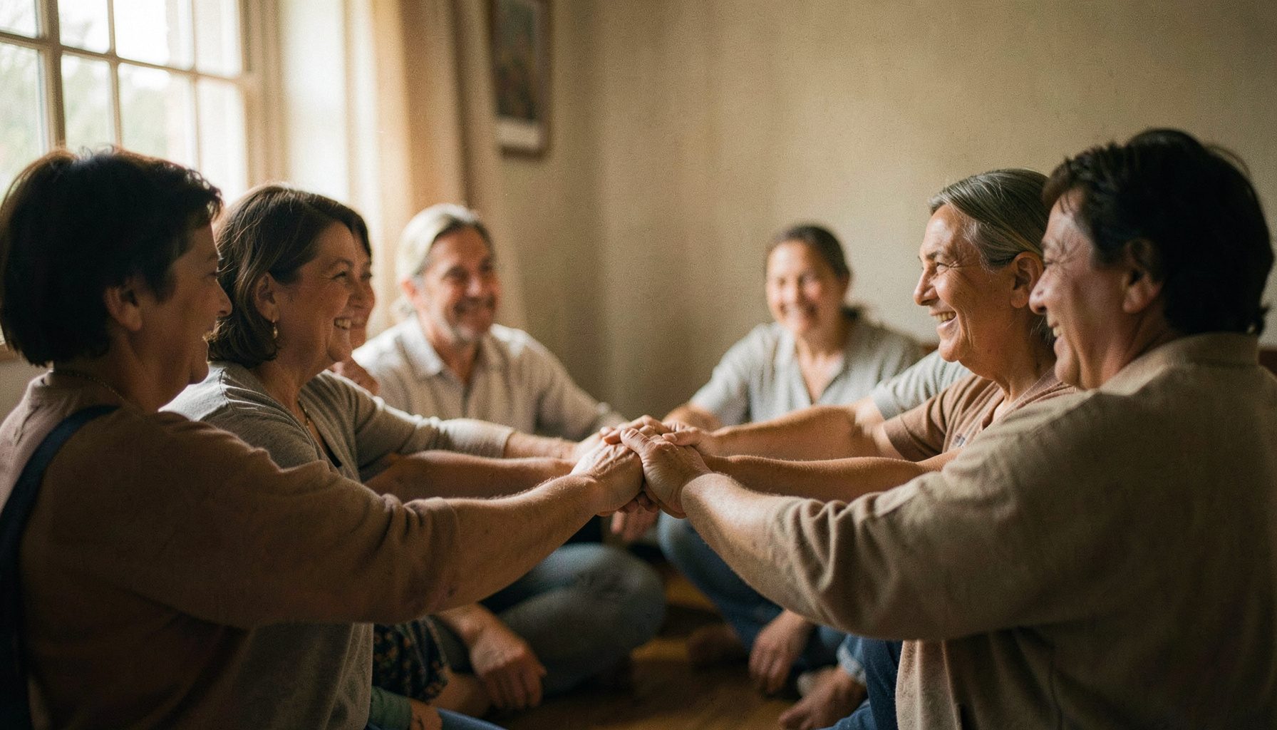Grupo de pessoas reunidas em círculo, mãos unidas ao centro, luz natural suave entrando por janela lateral, tons quentes de bege e marrom, atmosfera de comunhão e propósito compartilhado.