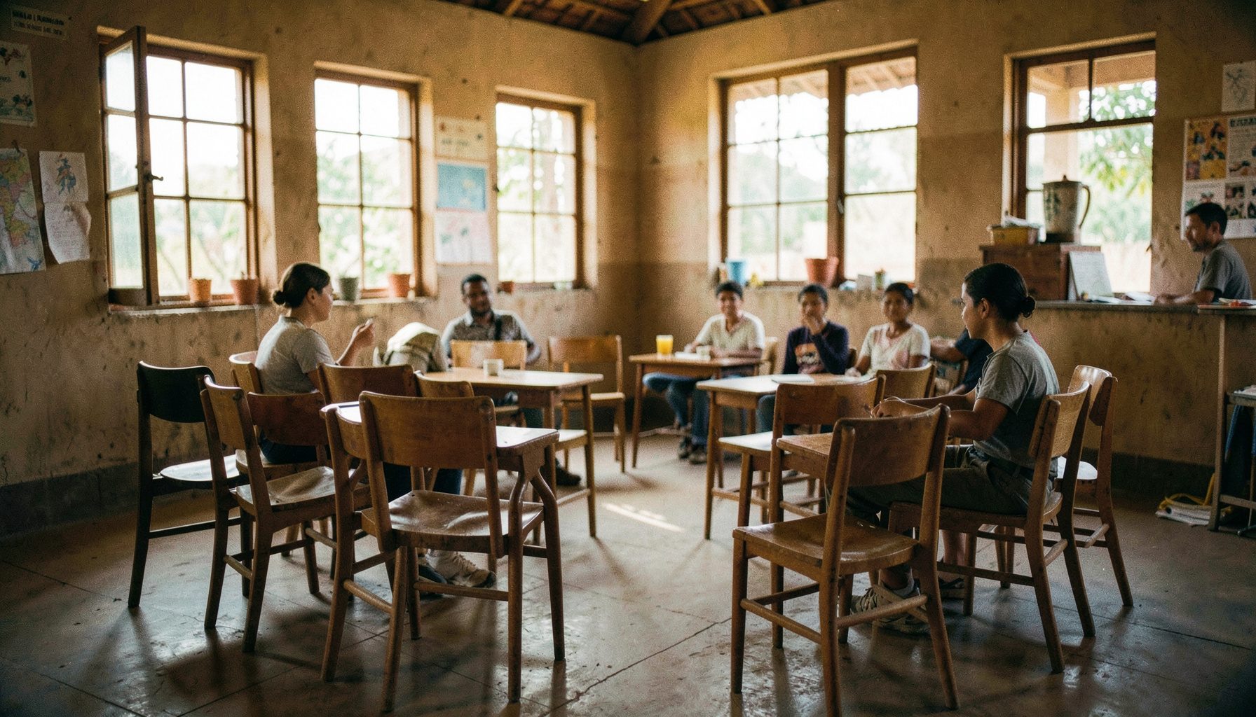 Sala de aula comunitária com cadeiras dispostas em semicírculo, luz natural entrando por janelas amplas, tons terrosos e ambiente acolhedor de aprendizado coletivo.