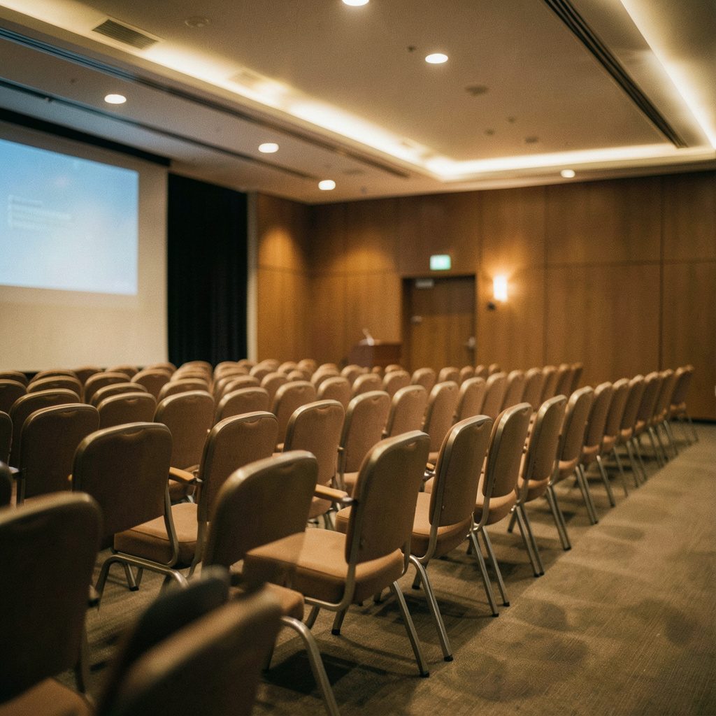 Salão de conferências com cadeiras enfileiradas, iluminação suave em tons âmbar, atmosfera de expectativa e preparação para um seminário.