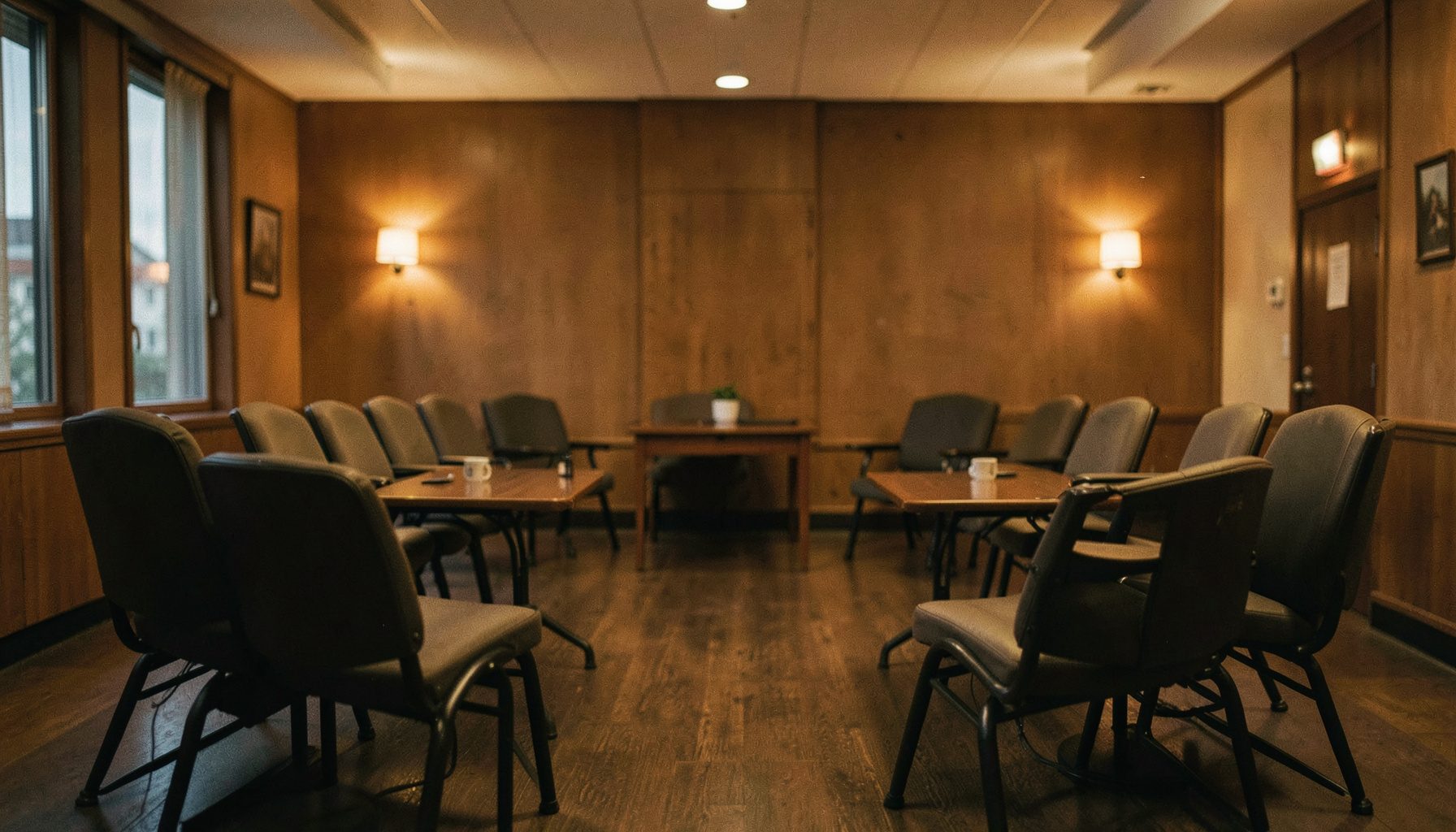 Interior de uma sala de reuniões com cadeiras dispostas em semicírculo, luz ambiente acolhedora em tons de âmbar e marrom, atmosfera de encontro comunitário.