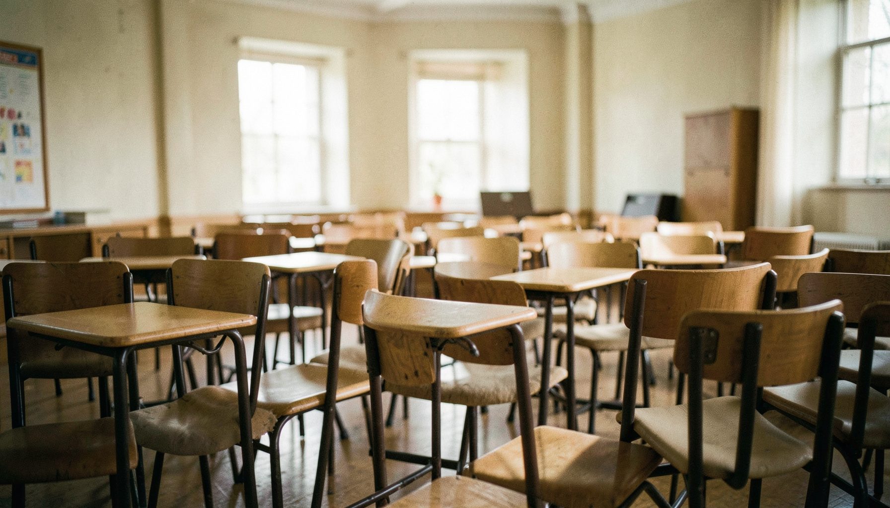 Sala de aula com cadeiras dispostas em fileiras, iluminação natural difusa, tons de madeira e bege, ambiente de estudo tranquilo e acolhedor.